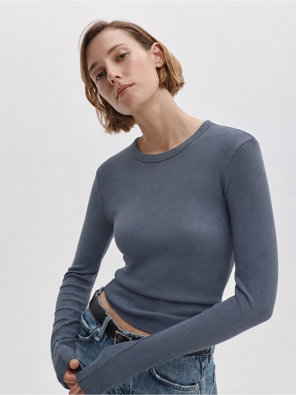 Rag & Bone Cotton/Modal Ribbed Crew Neck Top in Blue Gray